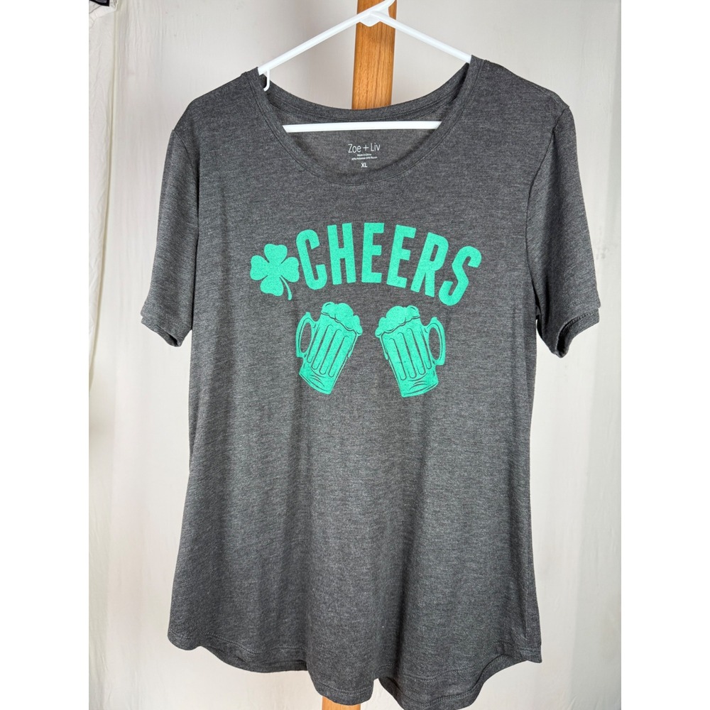 Zoe + Liv Womens XL‎ St Patricks Day Cheers Beer Shamrock Graphic Tee Grey